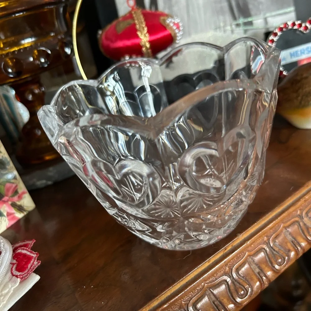 Vintage Crystal Heart Bowl With Scalloped Rim and Hearts Design